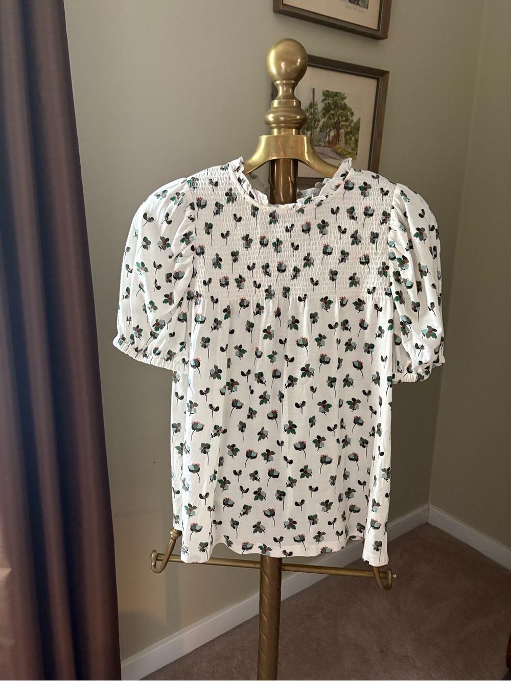 LOFT White Floral Smocked Puff Sleeve Blouse